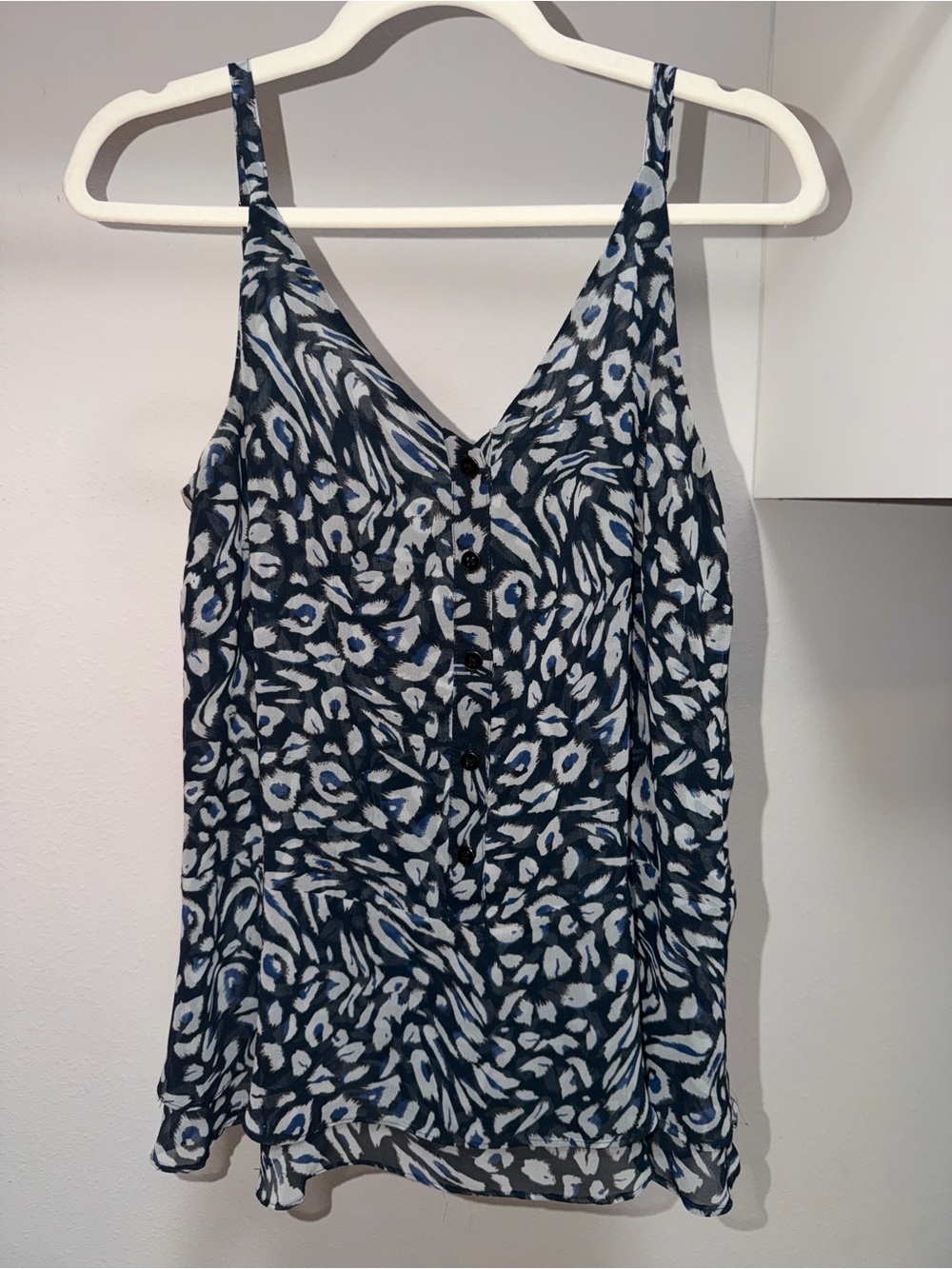 CAbi Navy and White Printed Button-Front Cami